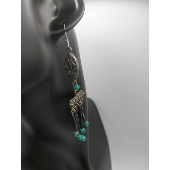 Boho 3.5" Dangle Earrings With Turquoise Beads 70s vintage - Picture 2 of 6